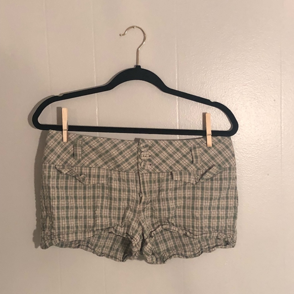 Green and white plaid shorts